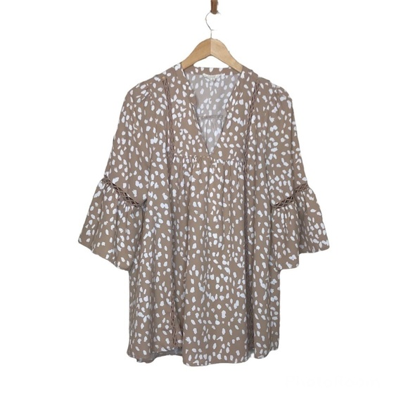 Oddy Size M Womens Pullover Tunic Top Boho Bell Sleeves Tan White Lattice Detail - Picture 1 of 11
